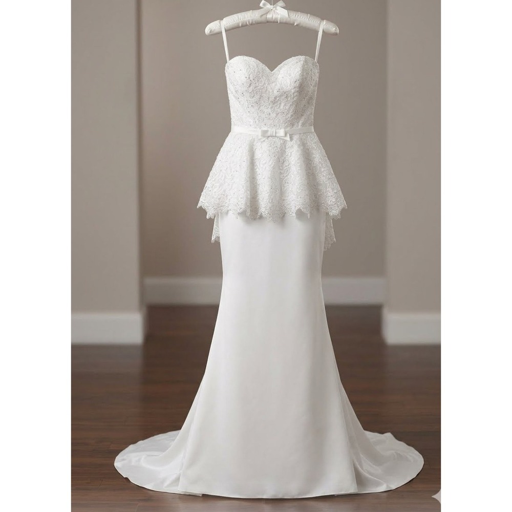 White Lace Peplum Wedding Dress Sweetheart Mermaid Bridal Gown Cathedral Train